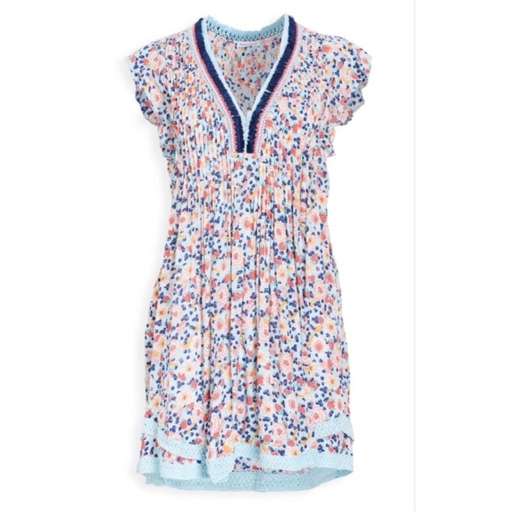 Poupette St Barth Sasha Mini Dress Floral Blue Fruity Lace Pintuck Ruffle Casual